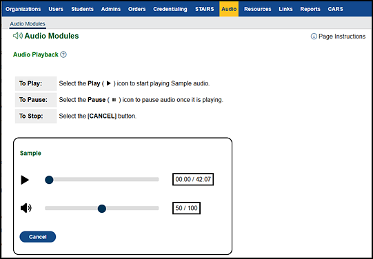 Audio Modules screen with sample audio interface.