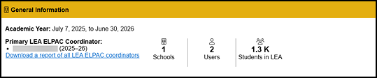 ELPAC General Information section on the MyTOMS at a Glance screen.