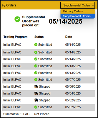 ELPAC Orders section on the MyTOMS at a Glance screen.