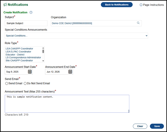 Create Notification screen with a sample message.