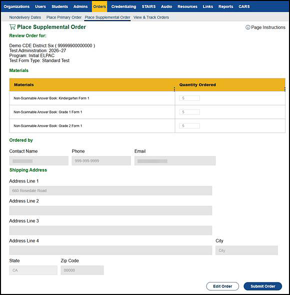 Place Supplemental Order screen.