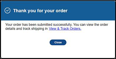 "Thank You for your Order" pop-up message.