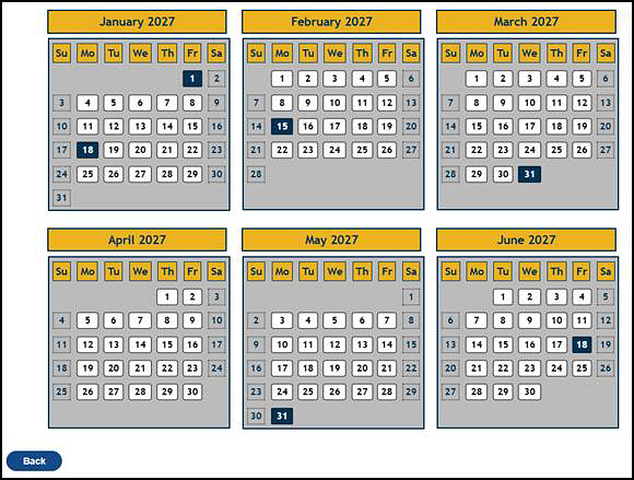 Bottom of the Nondelivery Dates screen with the Back button.