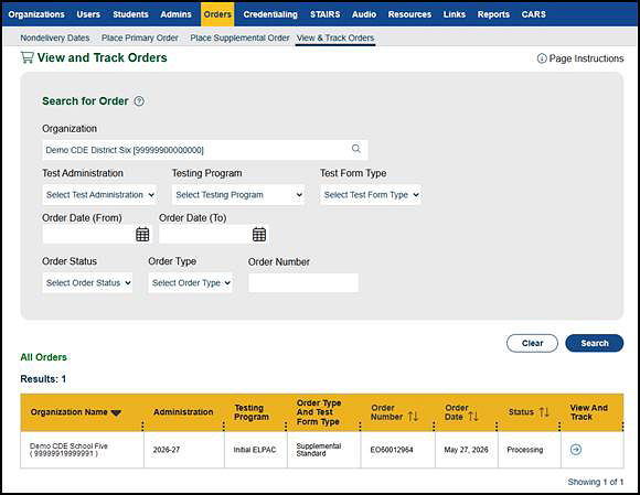 “Results” section of the View and Track Orders screen.