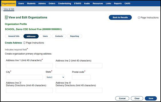 Create Address screen.