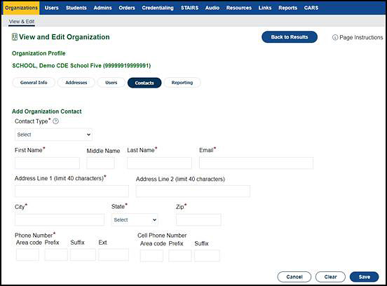 Add Organization Contact screen on the Contacts tab.
