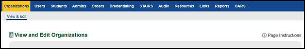 Organizations tab in TOMS