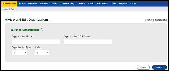 Search for Organizations screen.