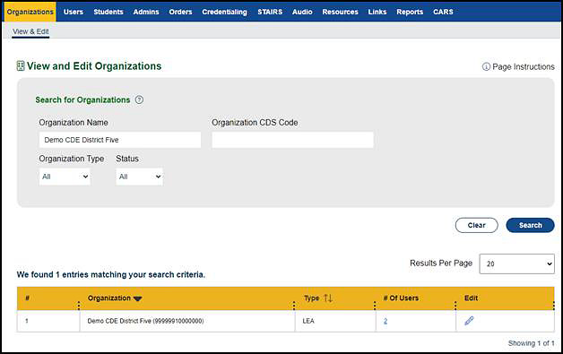 Search for Organizations screen.