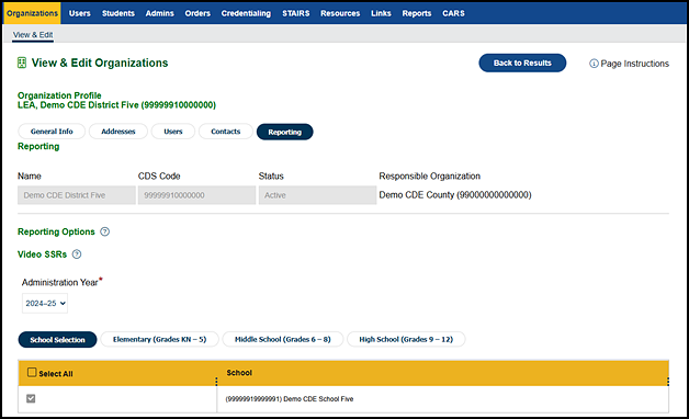 LEA Organization Reporting tab, no video SSRs.