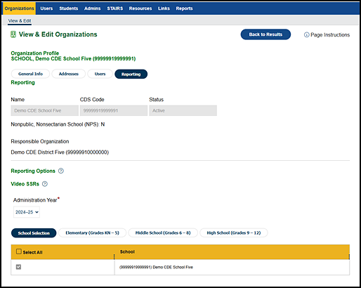 School Reporting tab.