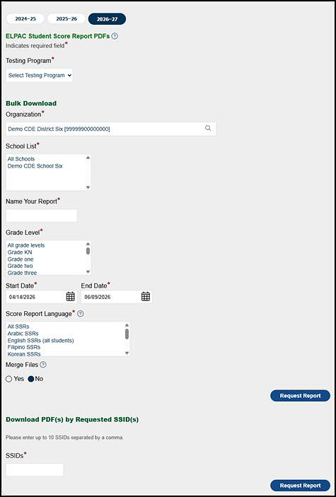 ELPAC Student Score Report PDFs options.