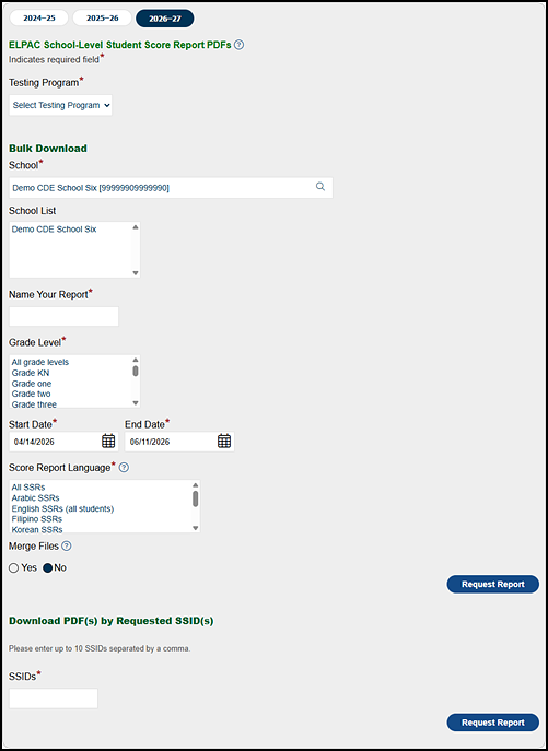 ELPAC School-Level Student Score Report PDFs options.