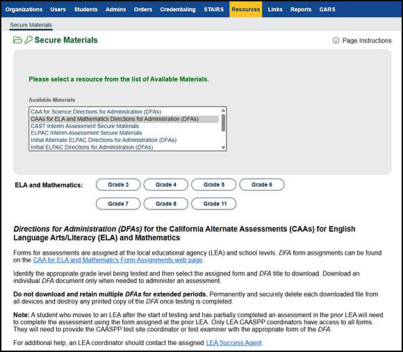 DFA options for the CAAs for ELA and mathematics on the Secure Materials screen.