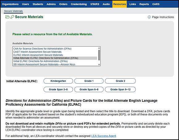 DFA options for the Initial Alternate ELPAC on the Secure Materials screen.