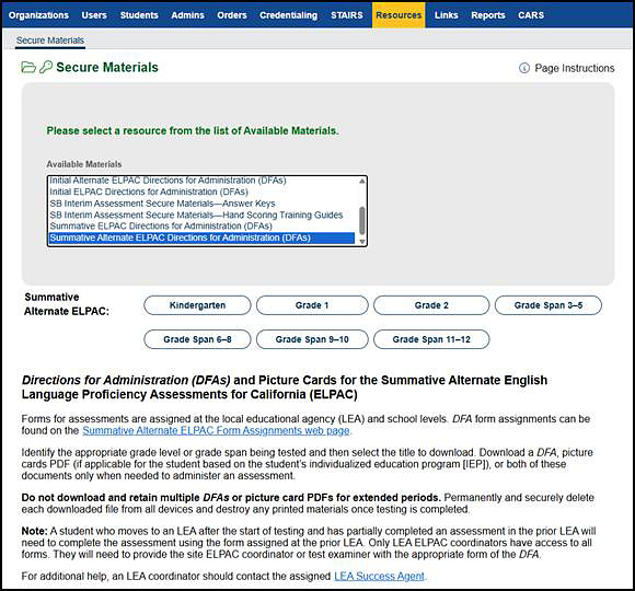 DFA options for the Summative Alternate ELPAC on the Secure Materials screen.
