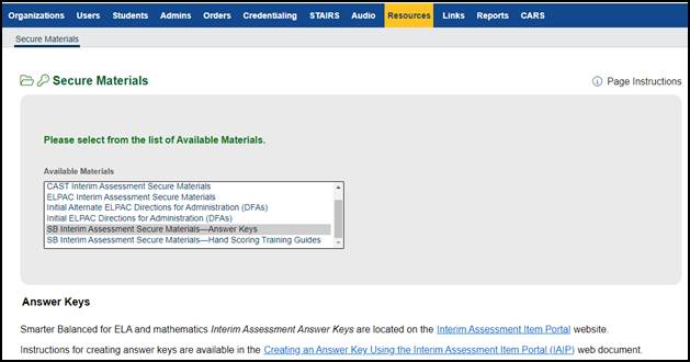 Interim Assessment Secure Materials—Answer Keys on the Secure Materials screen.