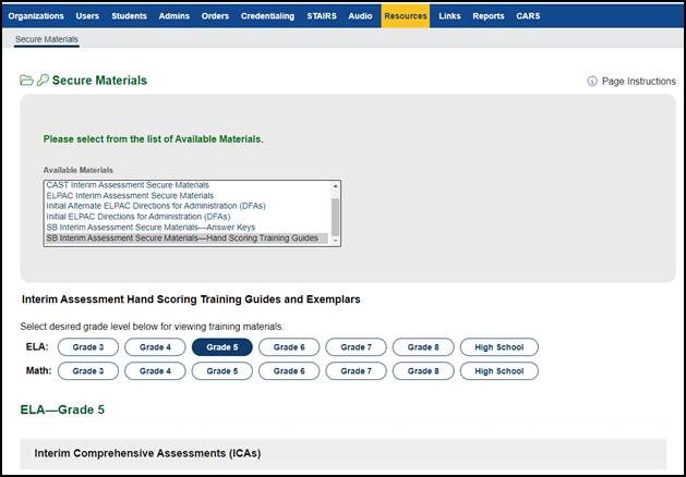 Interim Assessment Secure Materials—Hand Scoring Training Guides on the Secure Materials screen.