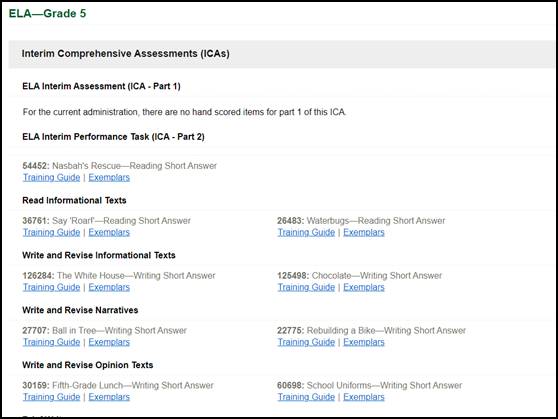 List of Interim Assessment Hand Scoring Training Guides and Exemplars on the Secure Materials screen.