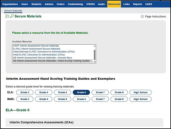Interim Assessment Secure Materials—Hand Scoring Training Guides on the Secure Materials screen.