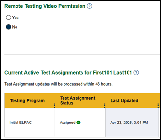 Remote Testing Video Permission radio button options with the Yes option selected.