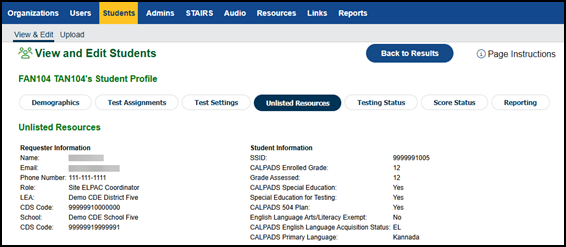 The top of the Unlisted Resources tab of the student's profile.
