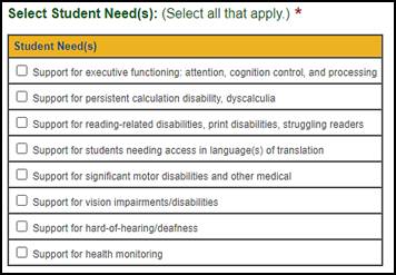 'Select Student Needs' section.