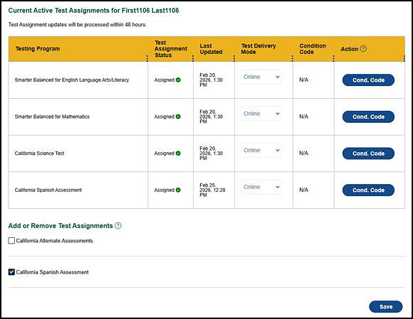 CAASPP Current Active Test Assignments table.