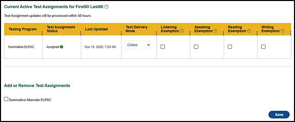 ELPAC Current Active Test Assignments table.