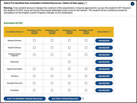 ELPAC Unlisted Resources Testing Program Selection table.