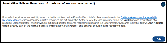 Select Other Unlisted Resources that directs the user to select the Add button to add a resource not already in the Matrix.