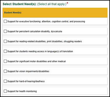 Select Student Needs section.