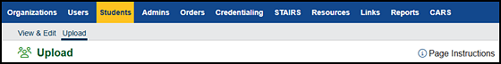 Upload action tab under the Students navigation tab