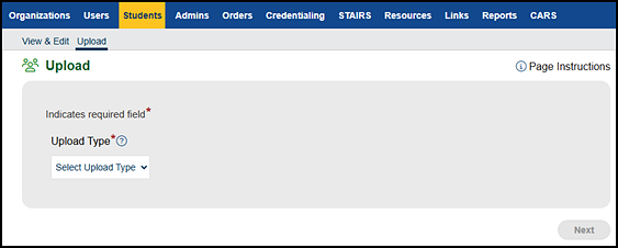 Upload screen in the Students navigation tab.