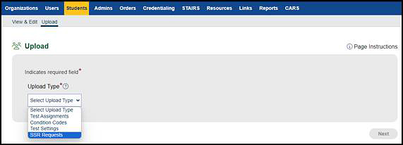 Upload screen with CAASPP types.