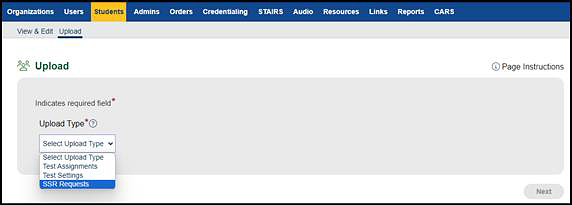 Upload screen with ELPAC types.