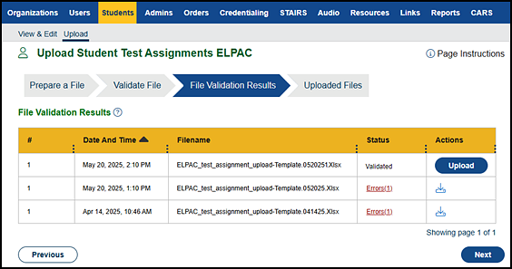 File Validation Results progress step.