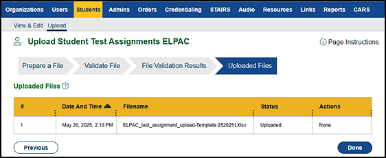 Uploaded Files progress step.