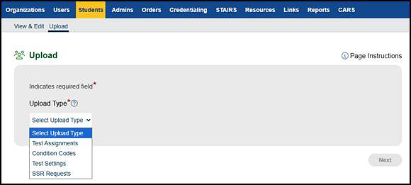 Upload screen with CAASPP types.