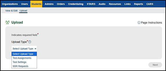 Upload screen with ELPAC types.