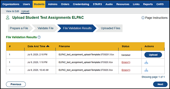 File Validation Results progress step.