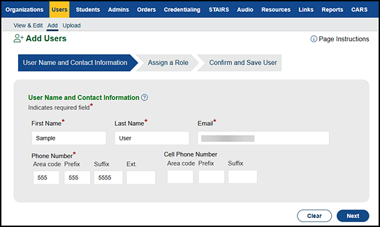 User Name and Contact Information progress step.
