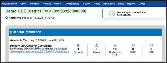 Missing primary coordinator designation message on the MyTOMS Home screen.