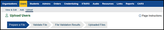 Upload Users navigation.